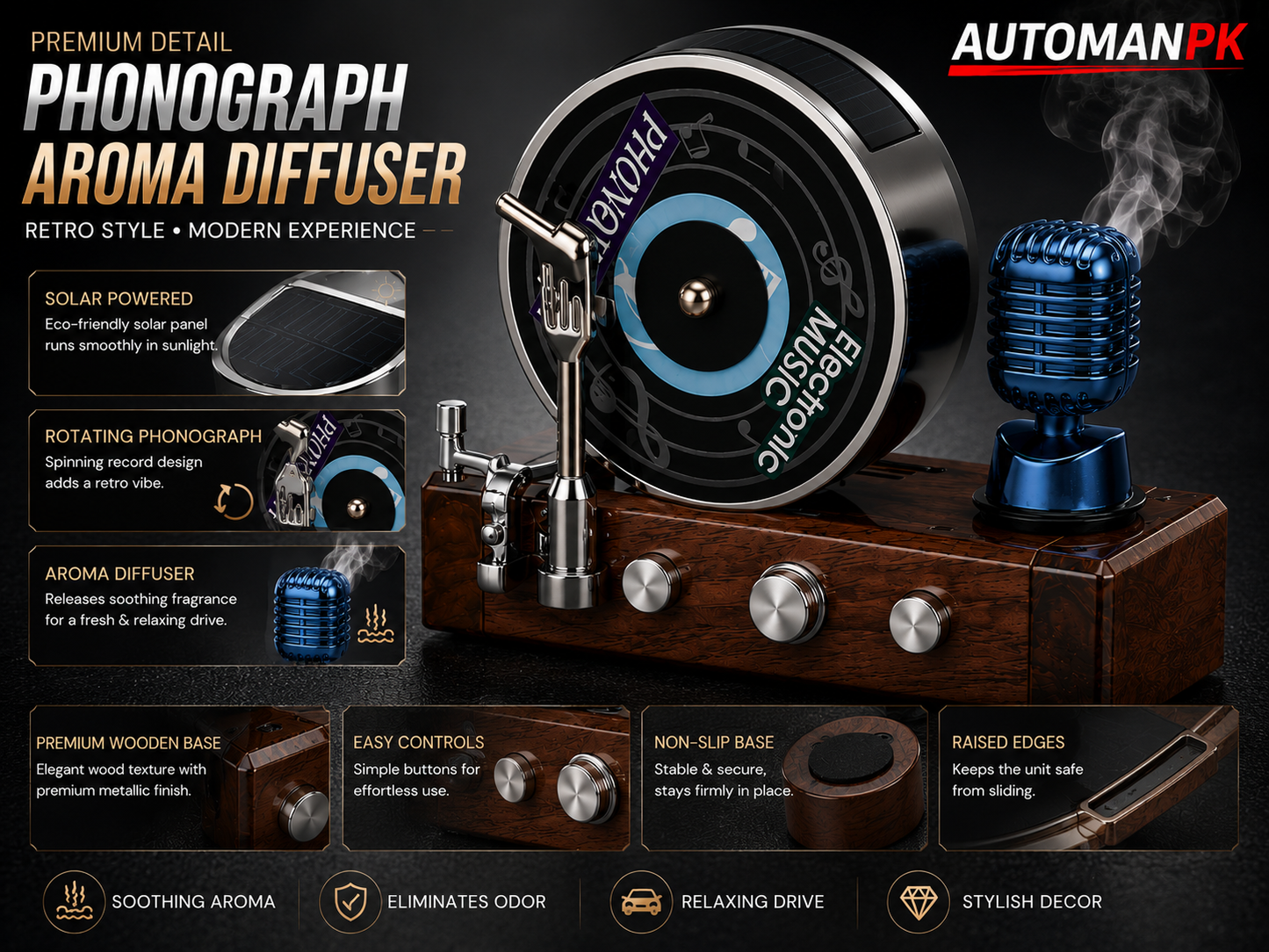 Phonograph Aroma Diffuser – Vintage Car Air Freshener | USB | Retro Design