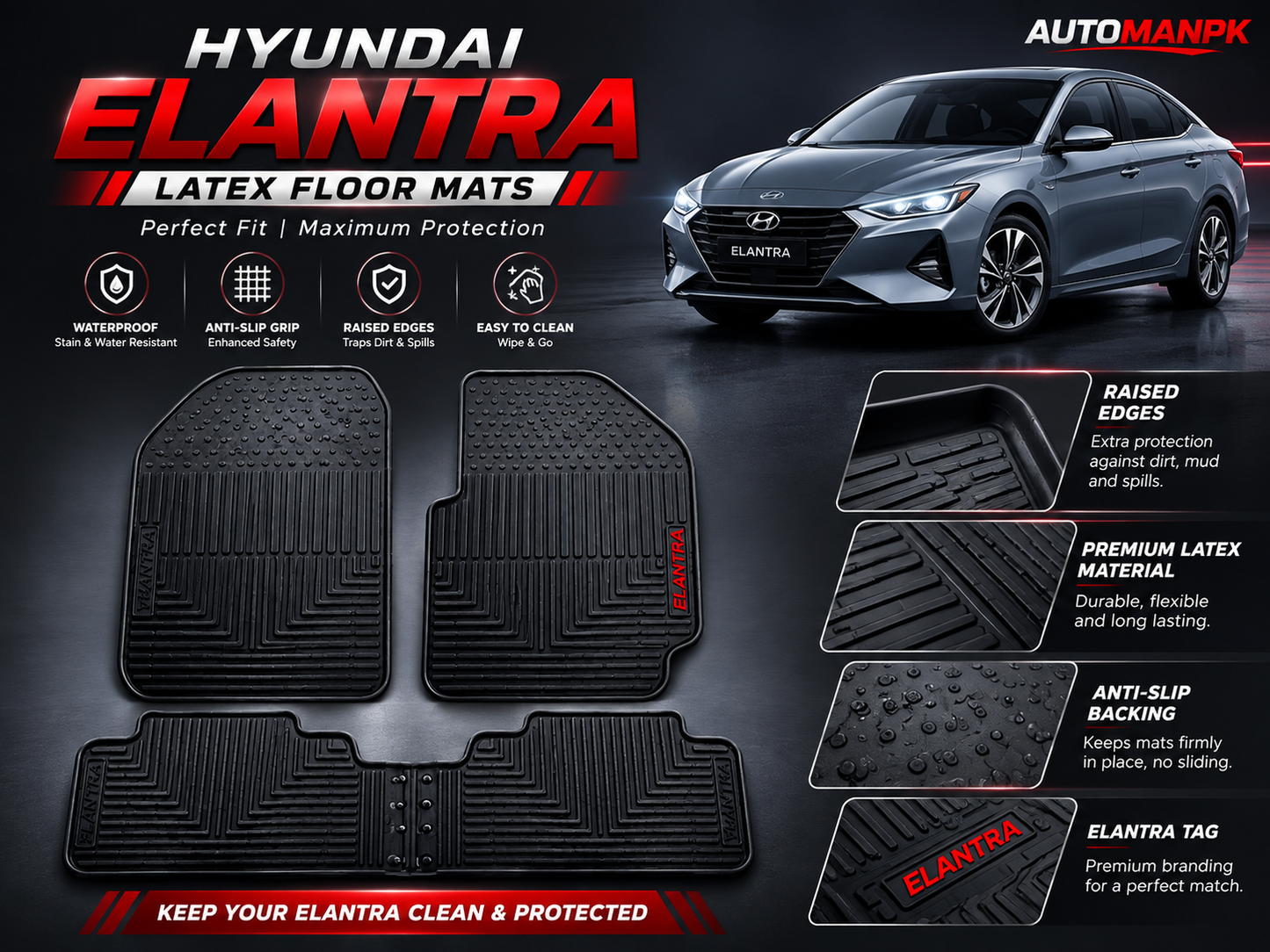 Hyundai Elantra Latex Floor Mats 3Pcs – 2 Front + 1 Rear | Waterproof | Anti-Slip | Custom Fit