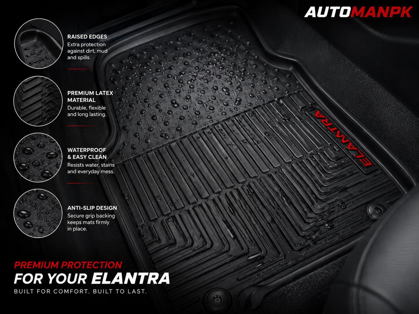 Hyundai Elantra Latex Floor Mats 3Pcs – 2 Front + 1 Rear | Waterproof | Anti-Slip | Custom Fit
