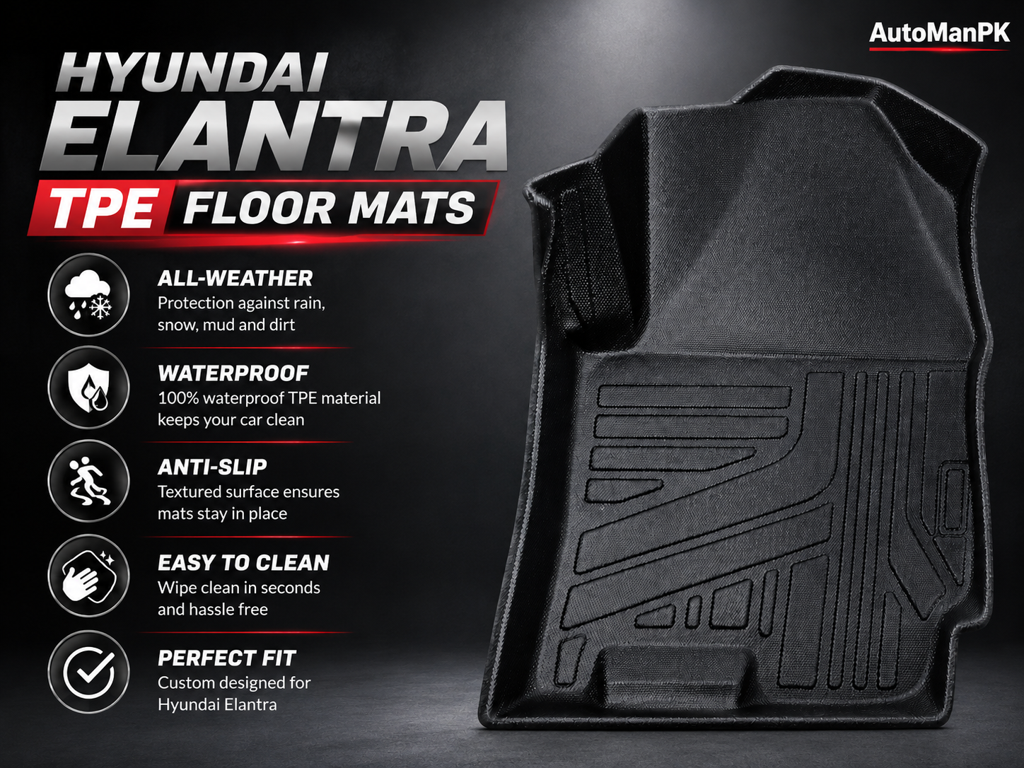 A black Hyundai Elantra TPE floor mat shown on a dark promotional background with feature callouts and the AutoManPK logo.