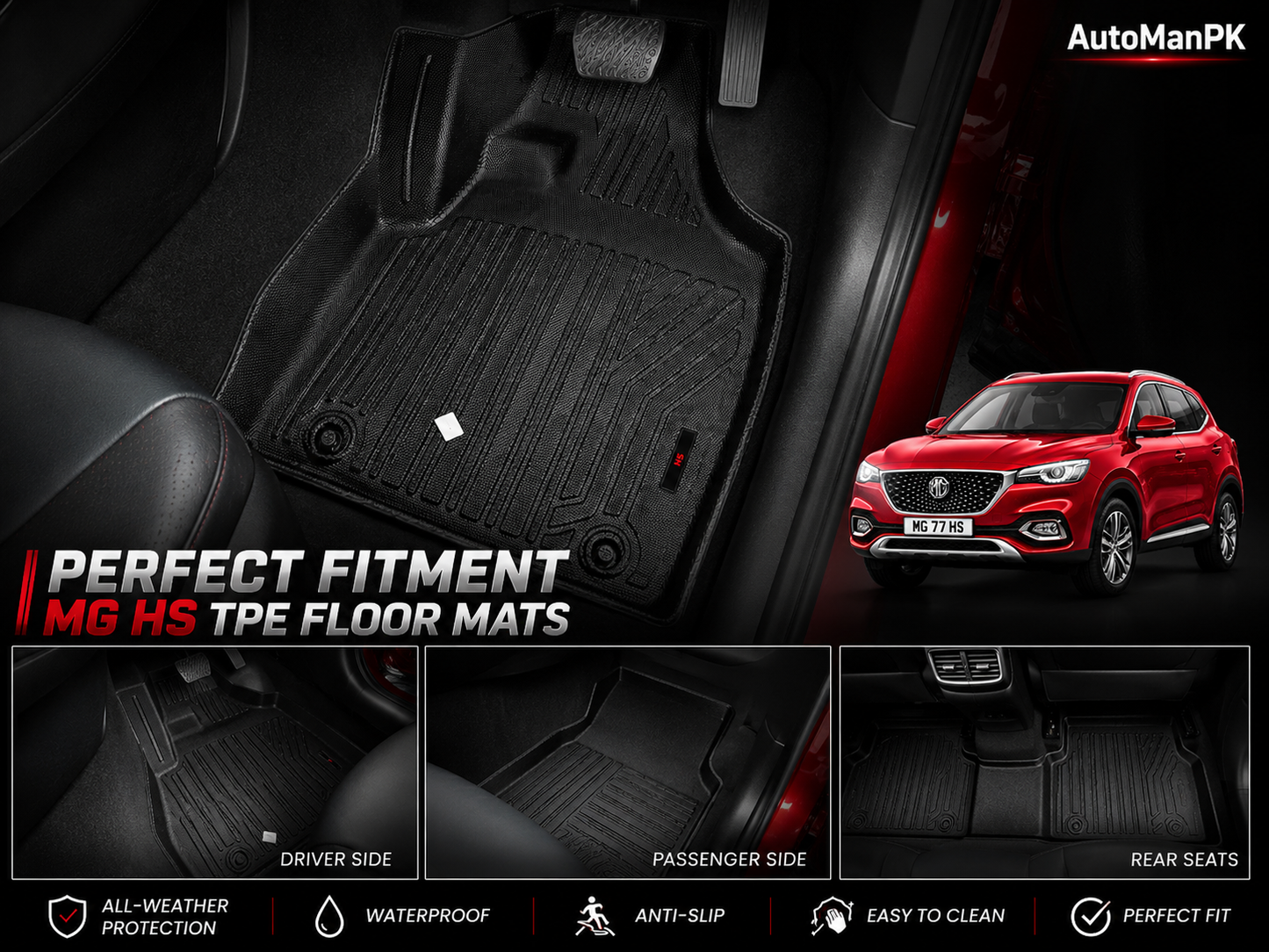 MG HS TPE Floor Mats 3Pcs – 2 Front + 1 Rear | Waterproof | Odour-Free | Custom Fit