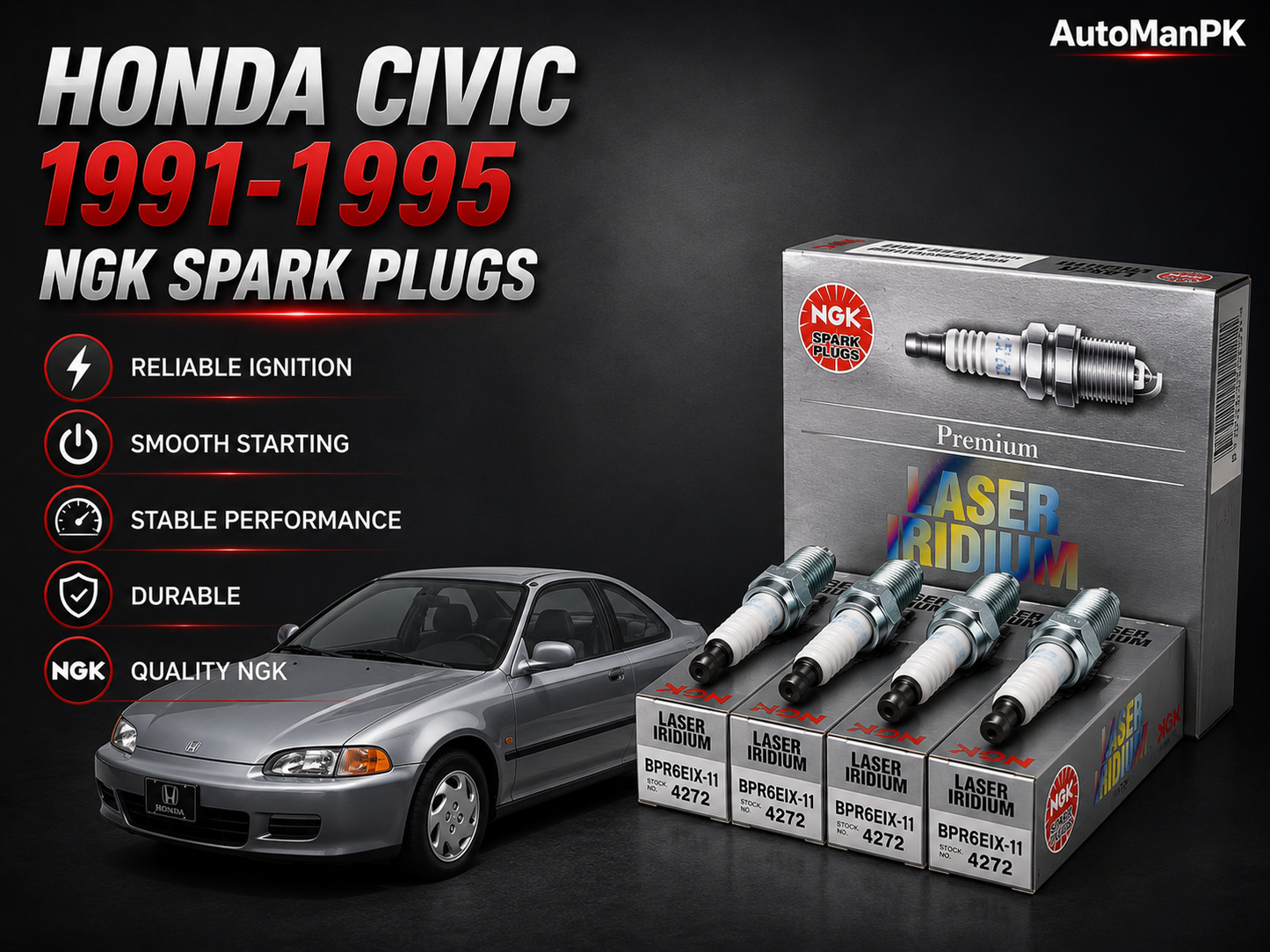 Honda Civic 1991-1995 NGK Laser Iridium Spark Plug IZFR6K11 – 4 PCs Set – OEM Genuine Quality