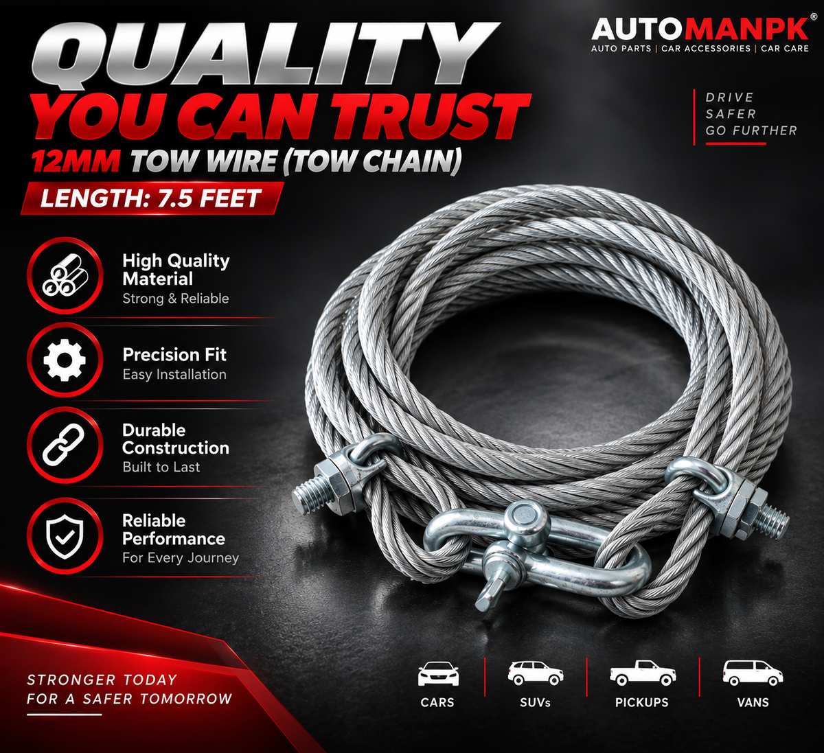 12mm Tow Rope Tow Chain 7.5 Feet | Heavy Duty Car Recovery Rope