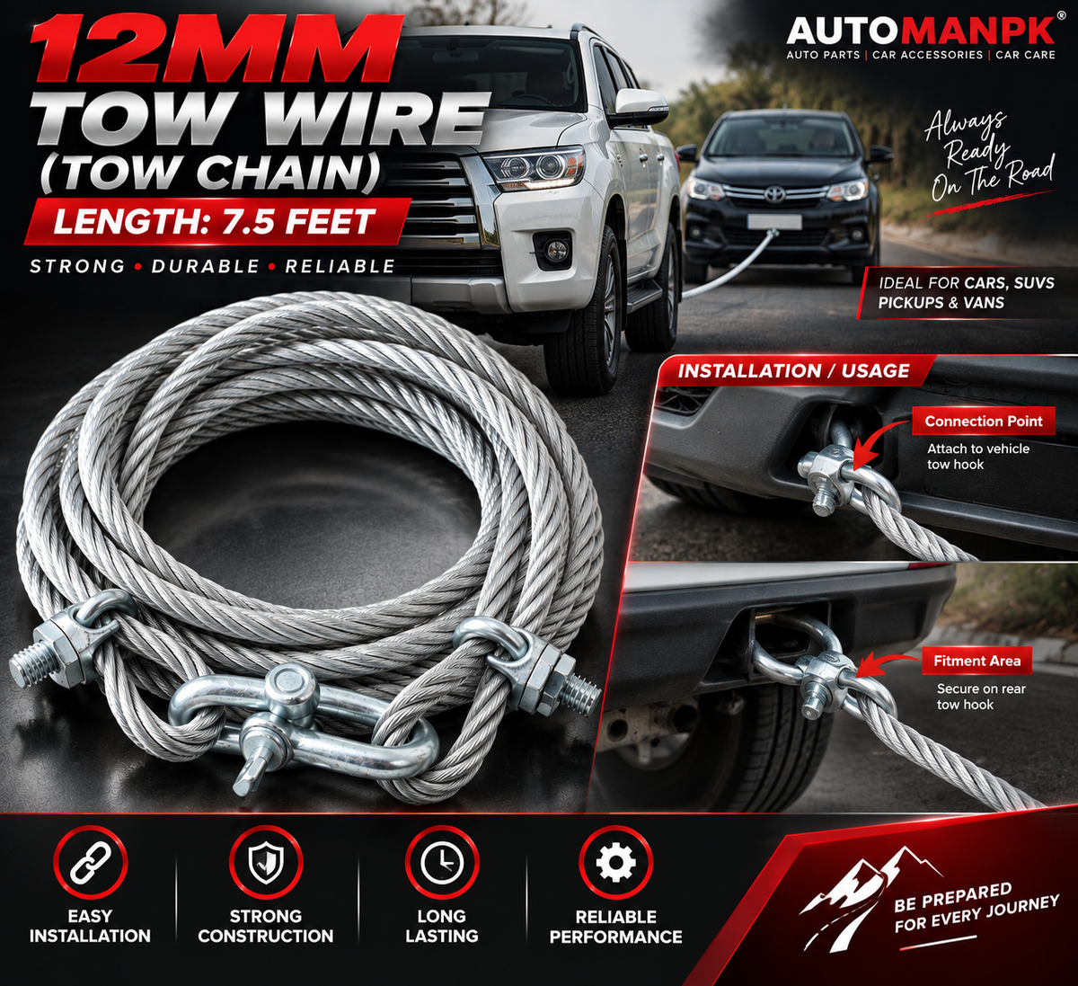 12mm Tow Rope Tow Chain 7.5 Feet | Heavy Duty Car Recovery Rope