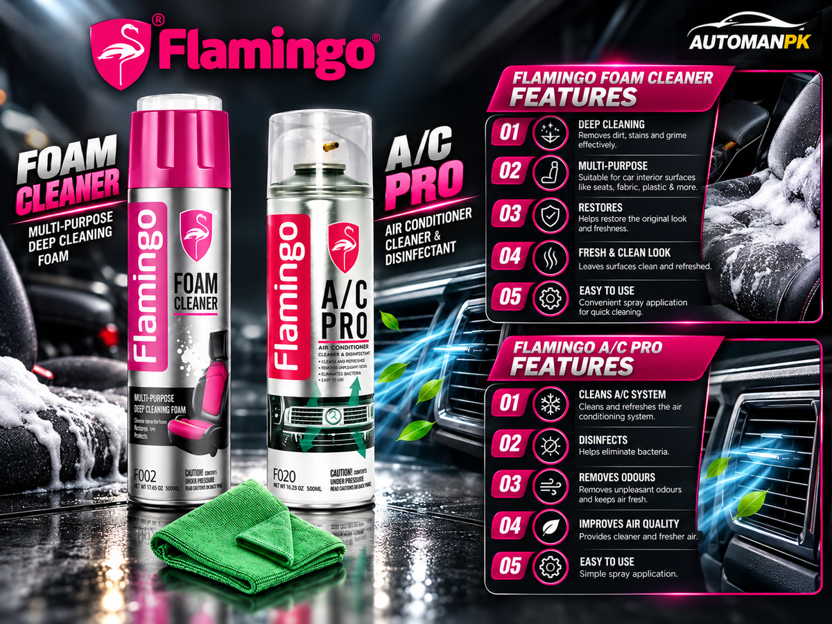 Flamingo AC Pro Cleaner and Foam Cleaner Kit car care products with microfiber towel