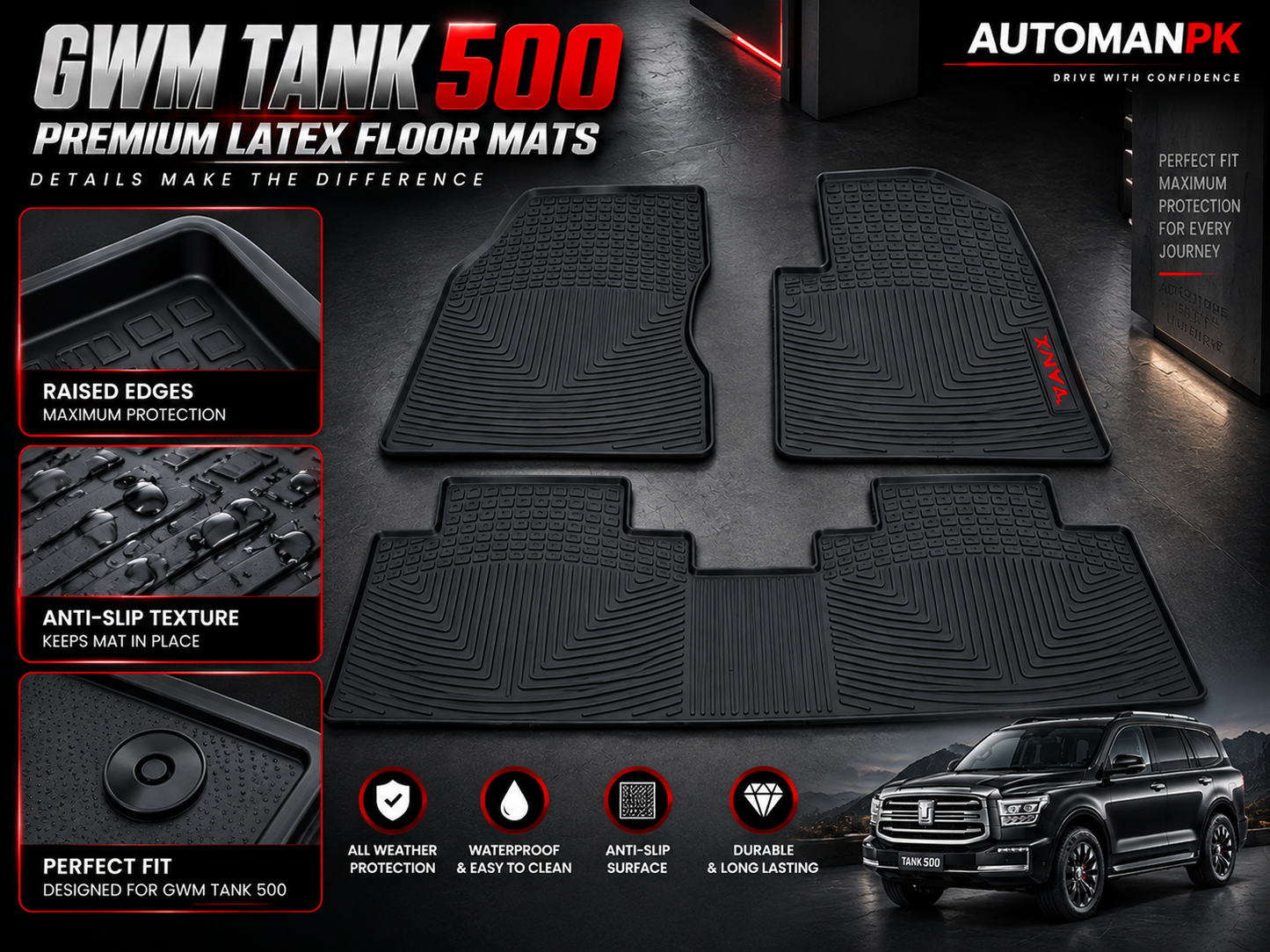 GWM Tank 500 Latex Floor Mats – 7 Seater Custom Fit & All-Weather | AutoManPK