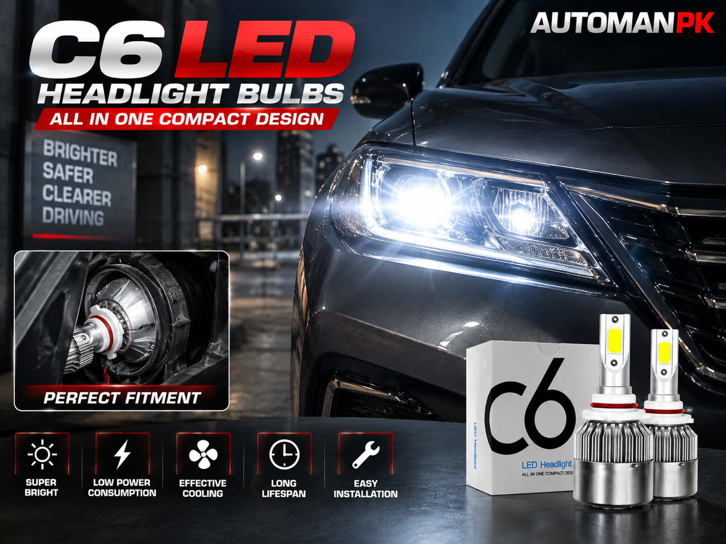 C6 36W Car LED Headlight Grip 9005 – 6000K White High Beam | 6 Months Warranty | AutoManPK