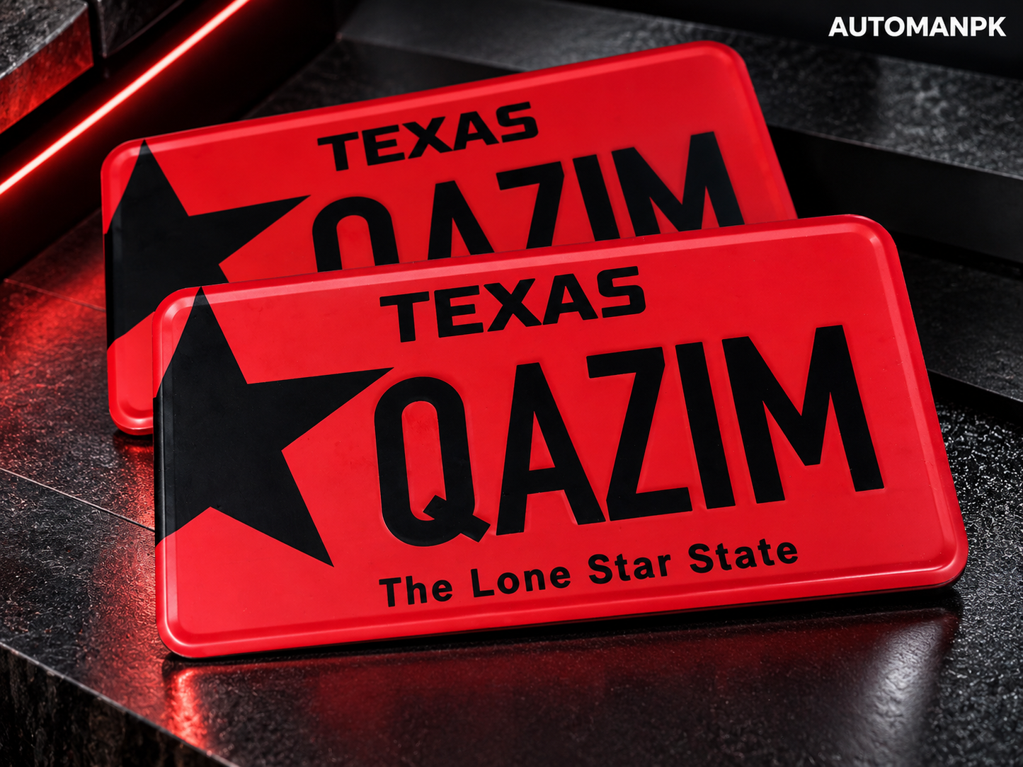 1pc Texas Style Custom Number Plate – 12x6 Inch | Red & Black | Custom Name | AutoManPK