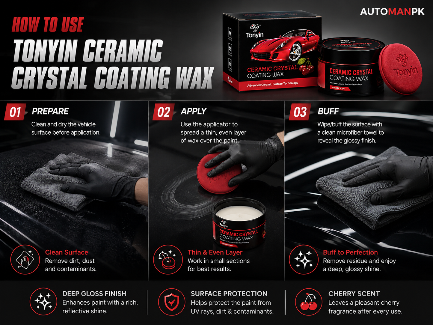 Tonyin Advanced Ceramic Crystal Coating Wax 200g – Cherry Scent | Nano Ceramic | Hydrophobic | Deep Gloss