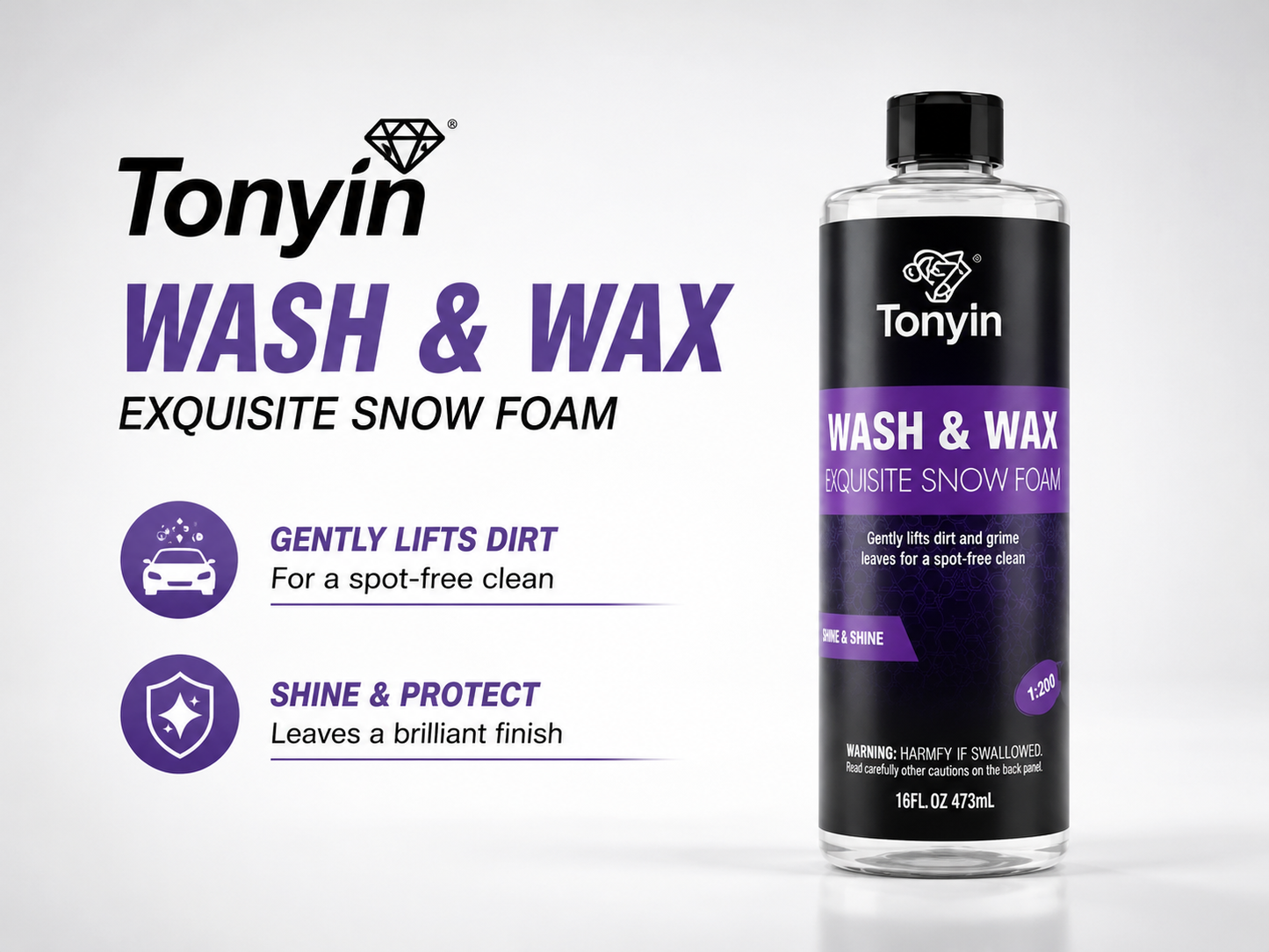 Tonyin Wash Wax Shampoo 473ml – 2-in-1 Clean & Shine | Safe for All Paints | Premium Car Shampoo