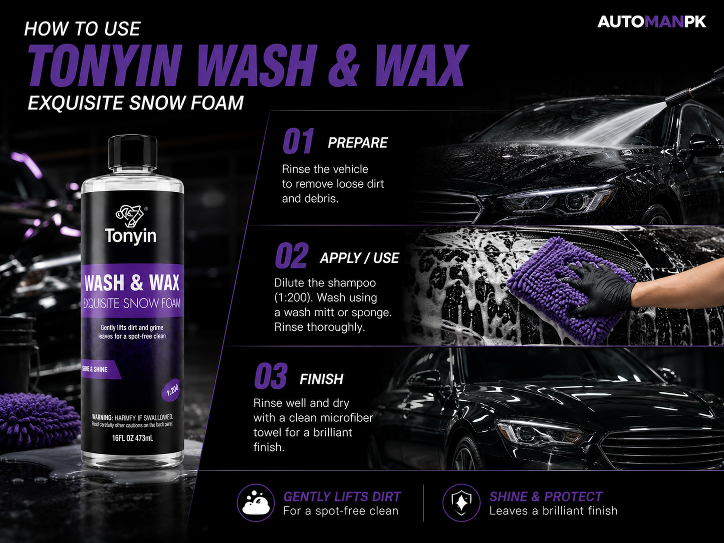 Tonyin Wash Wax Shampoo 473ml – 2-in-1 Clean & Shine | Safe for All Paints | Premium Car Shampoo
