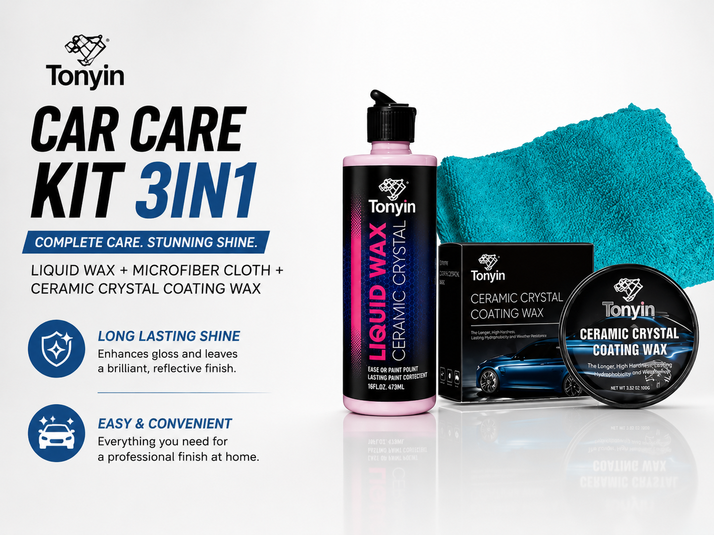 Tonyin 3-in-1 Car Care Kit – Ceramic Crystal Liquid Wax + Coating Wax + Microfiber Cloth