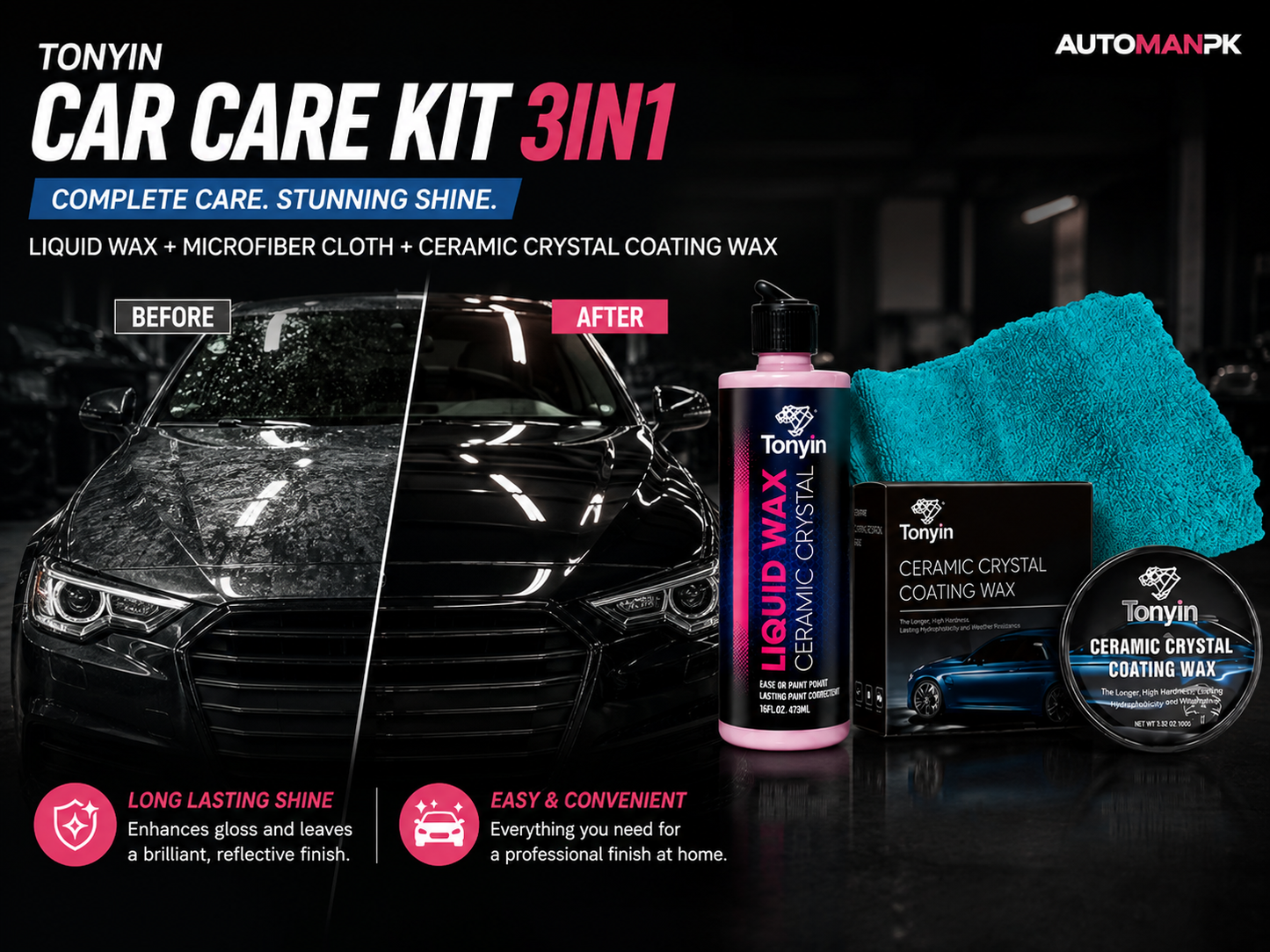 Tonyin 3-in-1 Car Care Kit – Ceramic Crystal Liquid Wax + Coating Wax + Microfiber Cloth