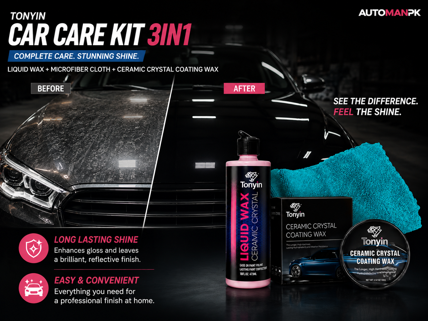 Tonyin 3-in-1 Car Care Kit – Ceramic Crystal Liquid Wax + Coating Wax + Microfiber Cloth