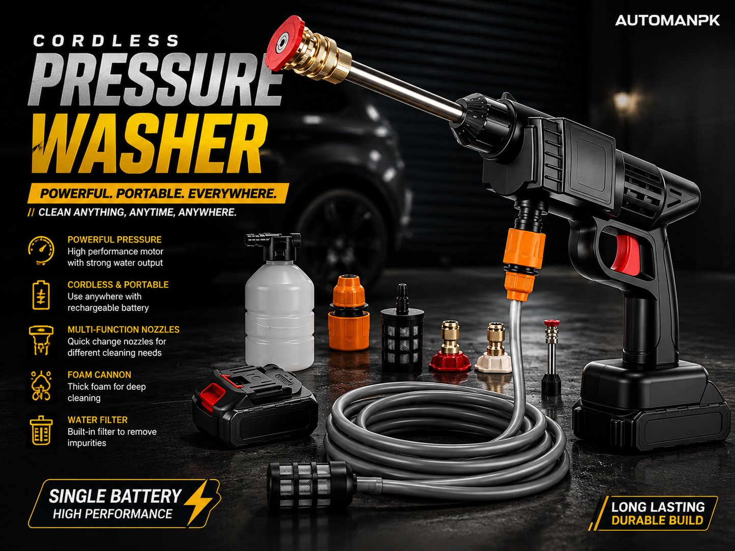 Cordless Pressure Washer 48V – Car, Solar Panel & Bike Wash | 2 Nozzles, Foam Pipe & Bottle