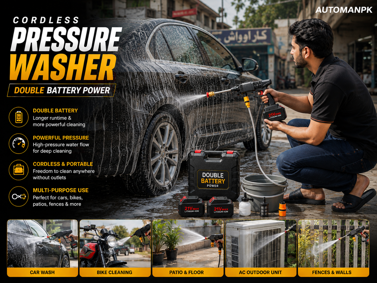 Cordless Pressure Washer 48V – Car, Solar Panel & Bike Wash | 2 Nozzles, Foam Pipe & Bottle