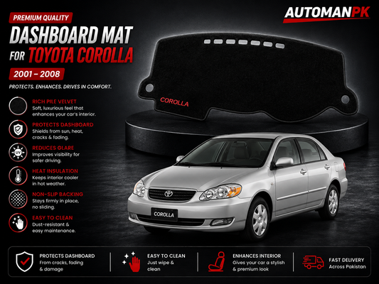Toyota Corolla 2002-2008 Dashboard Mat – Premium Velvet & Cotton Fabric | Anti-Glare | Non-Slip