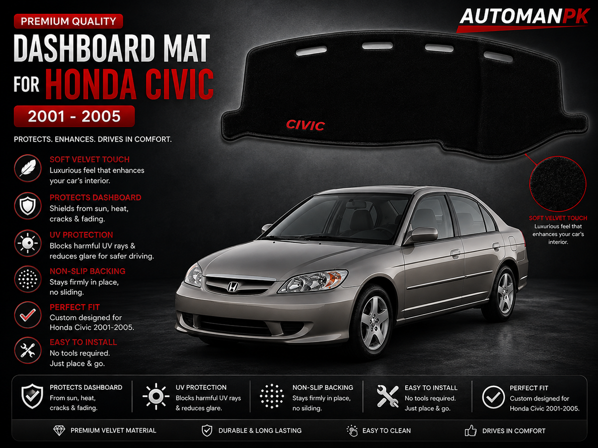 Honda Civic 2001-2004 Velvet Dashboard Mat – Anti-Glare | Non-Slip | Custom Fit