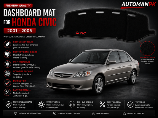 Honda Civic 2001-2004 Velvet Dashboard Mat – Anti-Glare | Non-Slip | Custom Fit