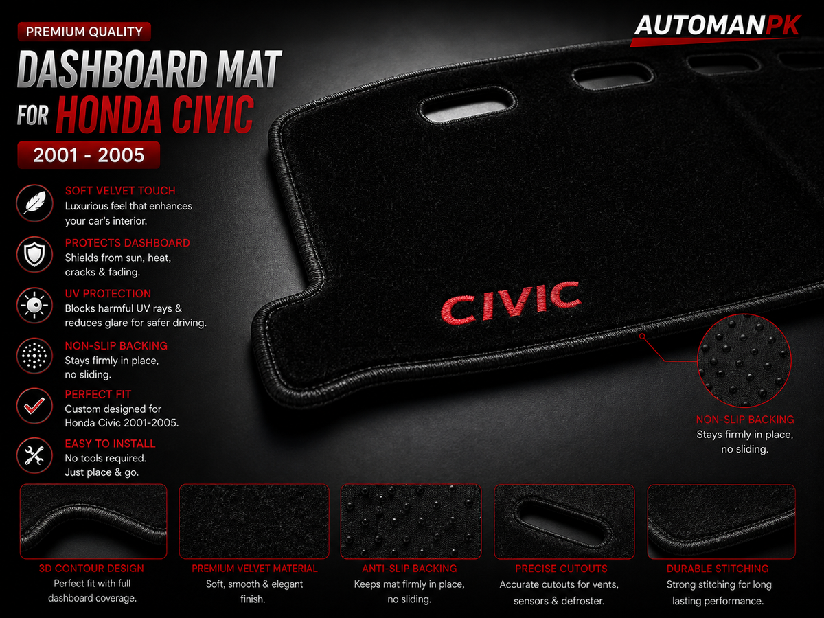 Honda Civic 2001-2004 Velvet Dashboard Mat – Anti-Glare | Non-Slip | Custom Fit