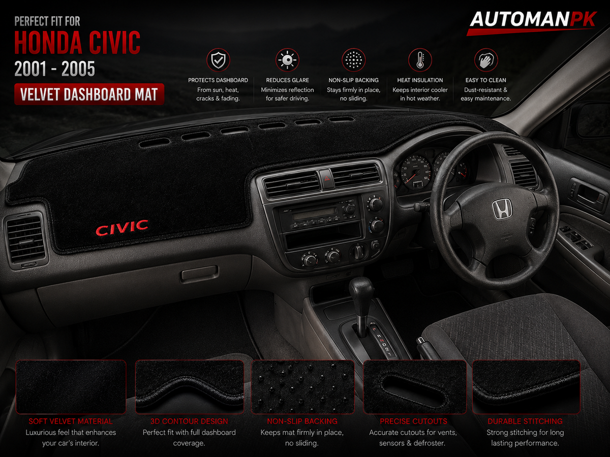 Honda Civic 2001-2004 Velvet Dashboard Mat – Anti-Glare | Non-Slip | Custom Fit
