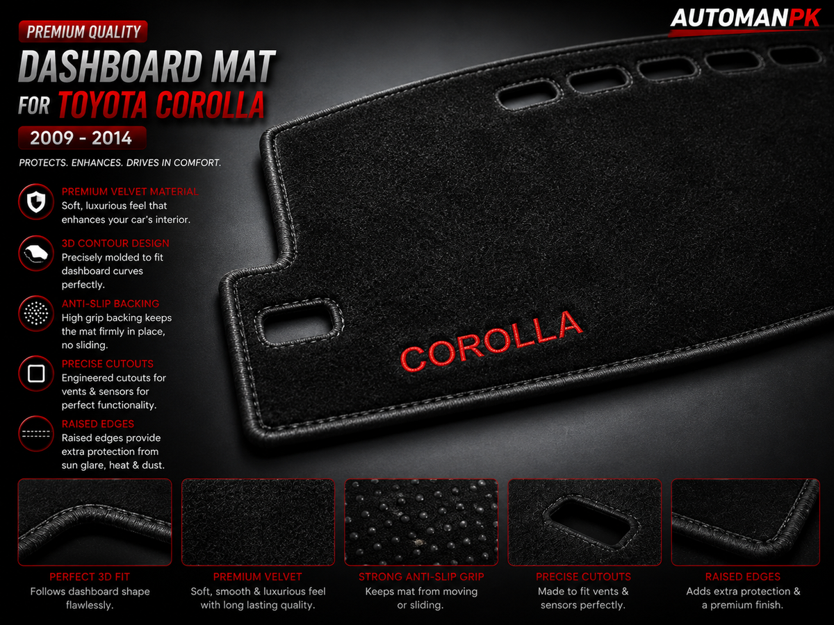 Toyota Corolla 2009-2014 Dashboard Mat – Velvet & Carpet Mat | Anti-Glare | Non-Slip | Custom Fit