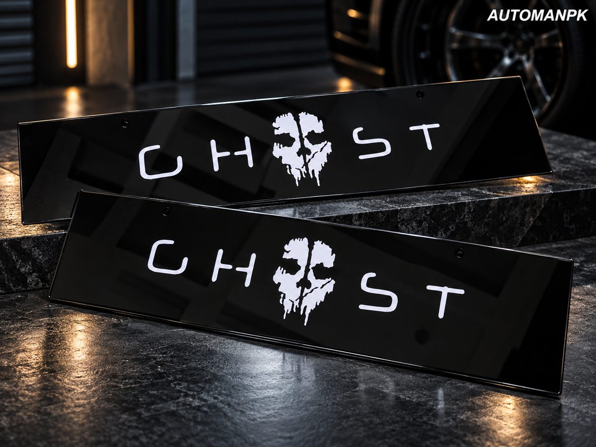 Black ghost premium car name plate displayed for a car show or meetup