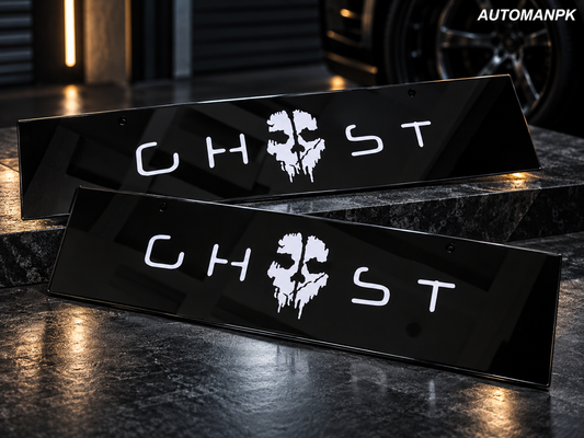 Black ghost premium car name plate displayed for a car show or meetup