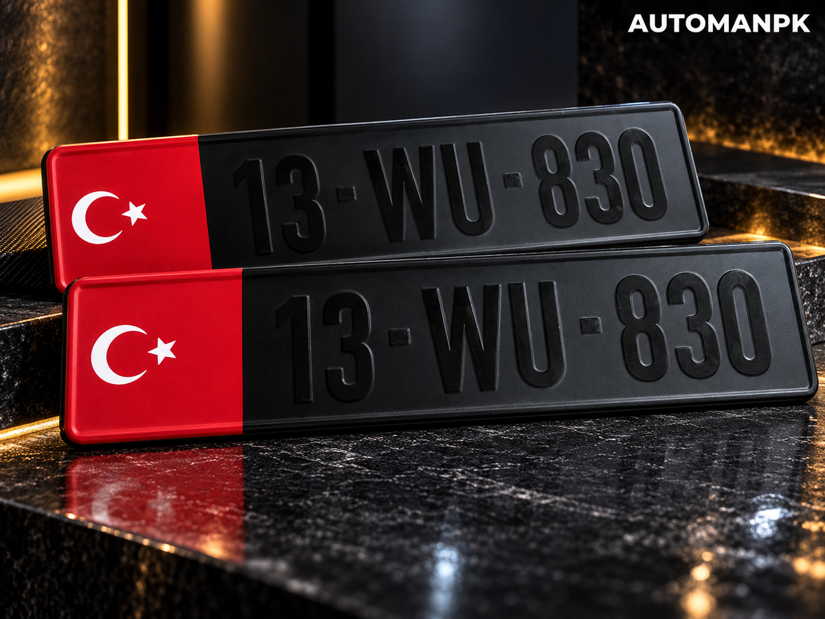 Pair of black Turkey-style steel custom number plates displayed together with red flag panels