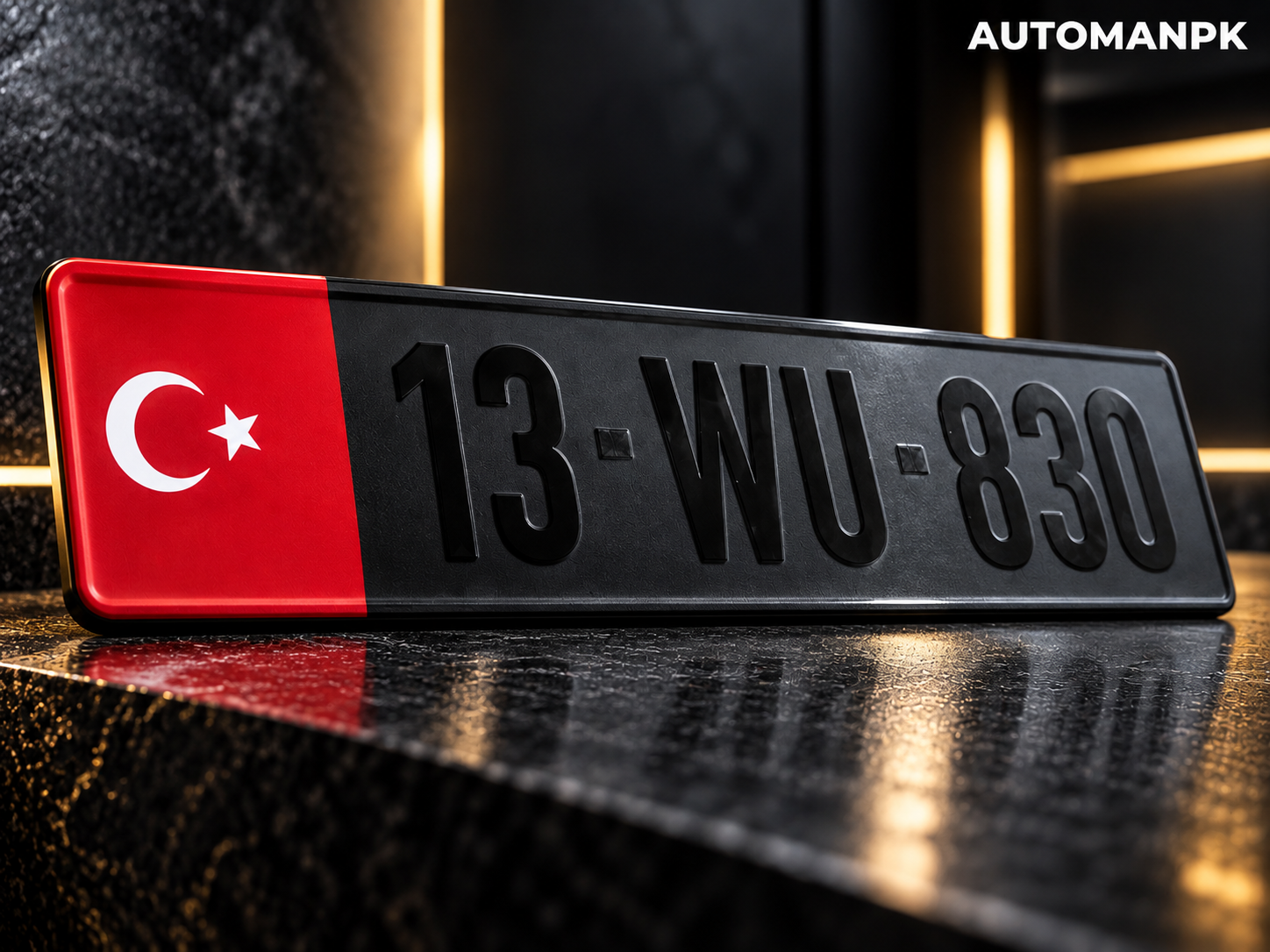 Close-up of a black Turkey-style steel car number plate with a red flag panel and raised characters