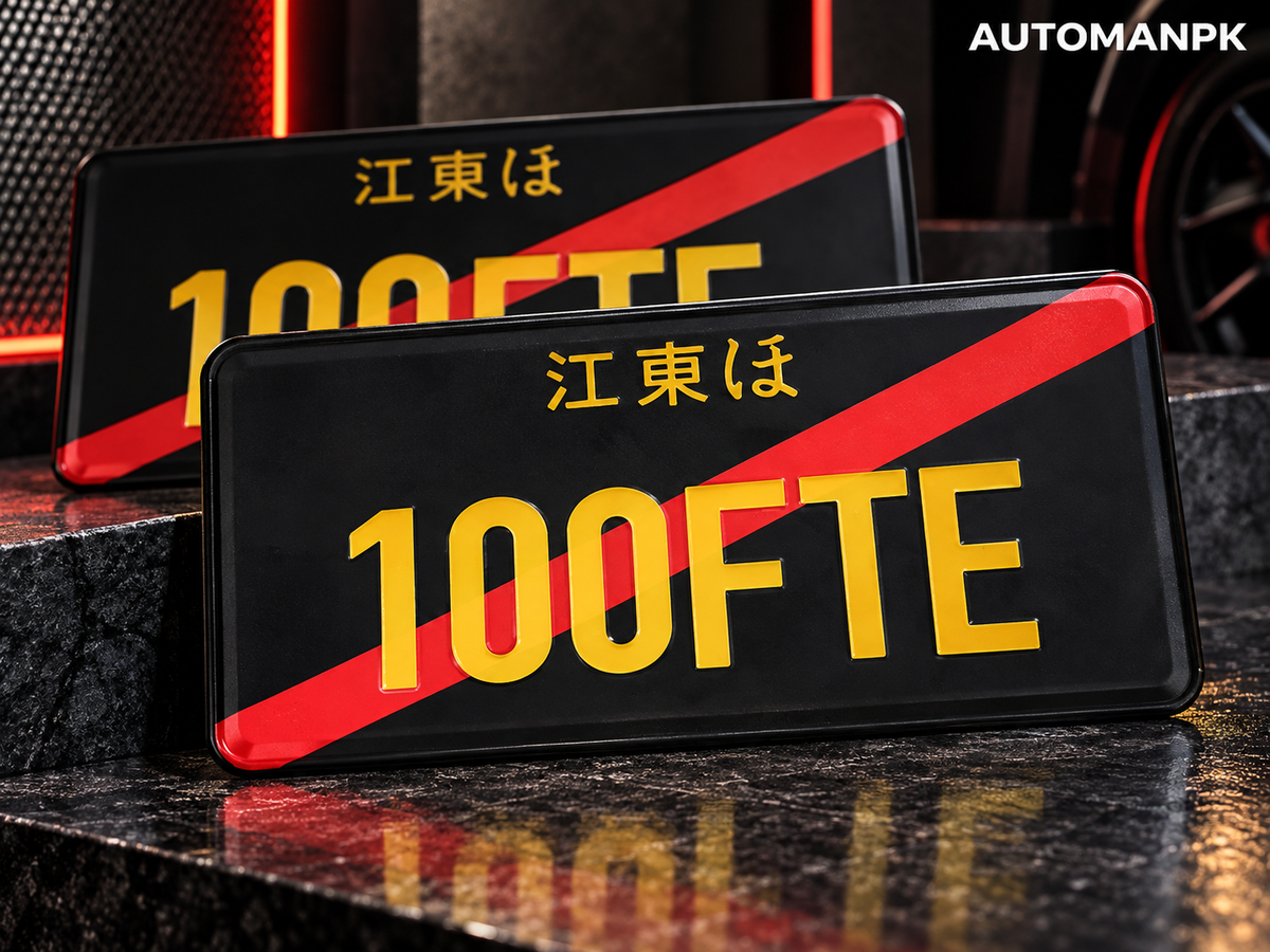 Pair of black Japan-style custom car name plates with gold lettering and red diagonal accents