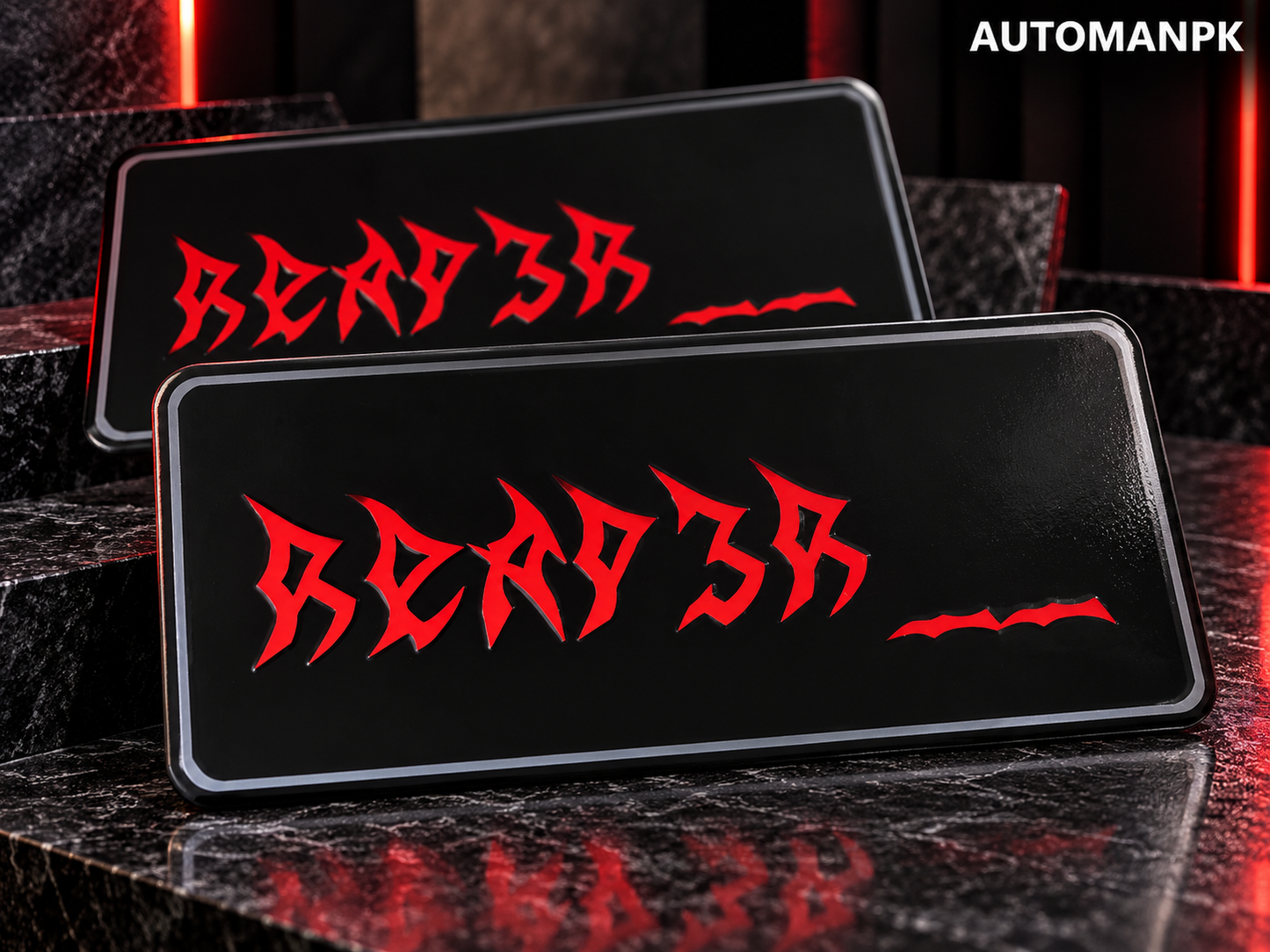 Pair of black steel Monster style custom car name plates