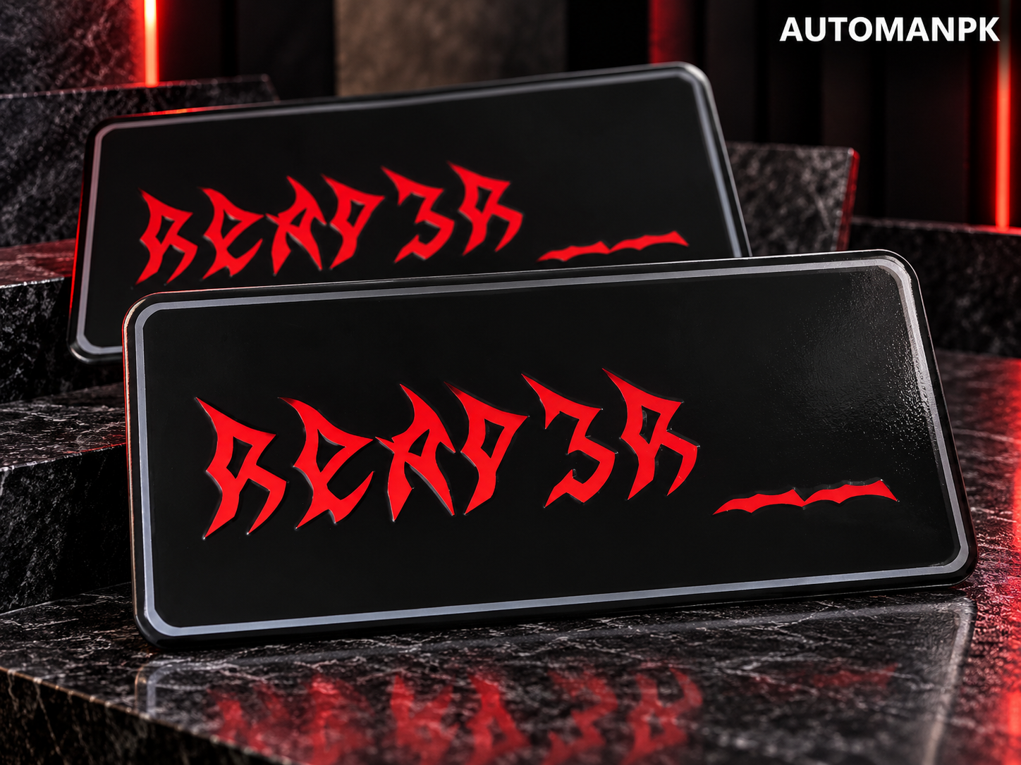Pair of black steel Monster style custom car name plates
