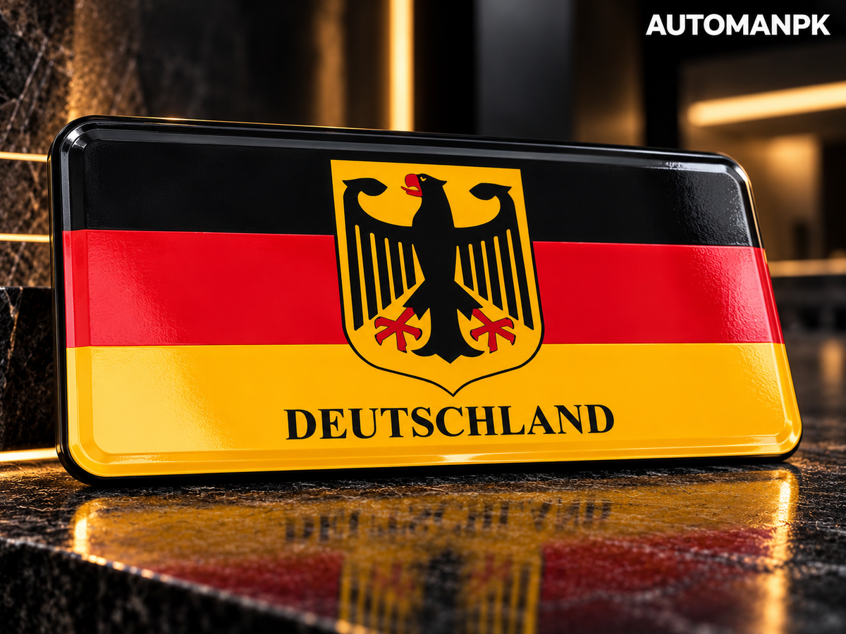 Deutschland German flag custom car show plate close-up with eagle emblem