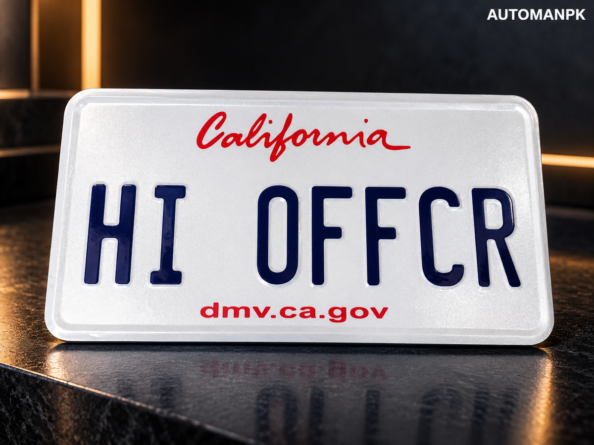 California style custom steel name plate front view with white background and blue text