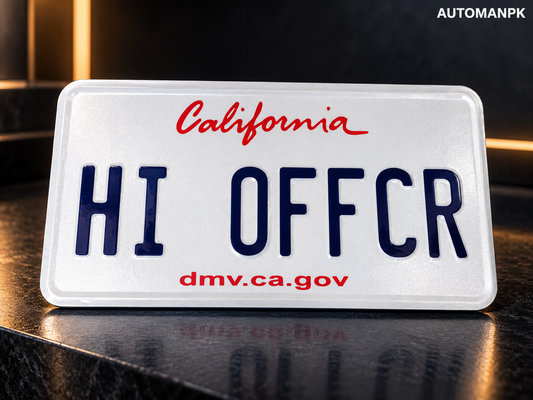 California style custom steel name plate front view with white background and blue text