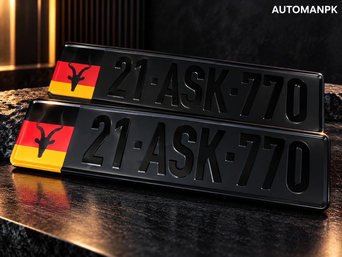 Pair of German style black steel custom car number plates with bull emblem