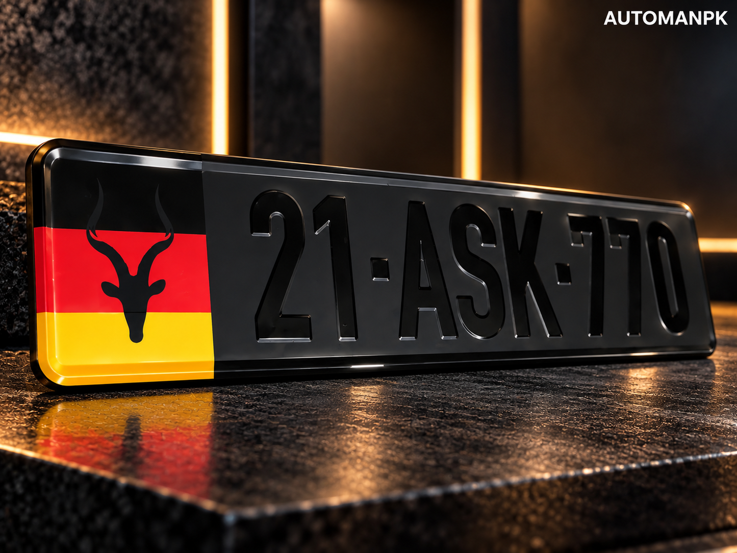 German style steel custom car number plate installed on a black car in Islamabad