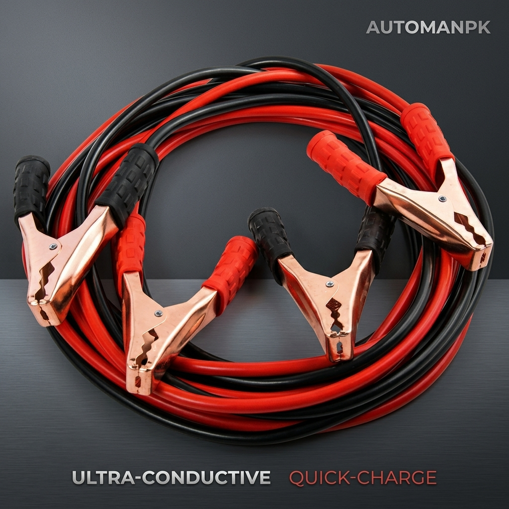 Coiled red and black jumper cables with clamps on a dark background, featuring the brand 'AUTOMANPK'.