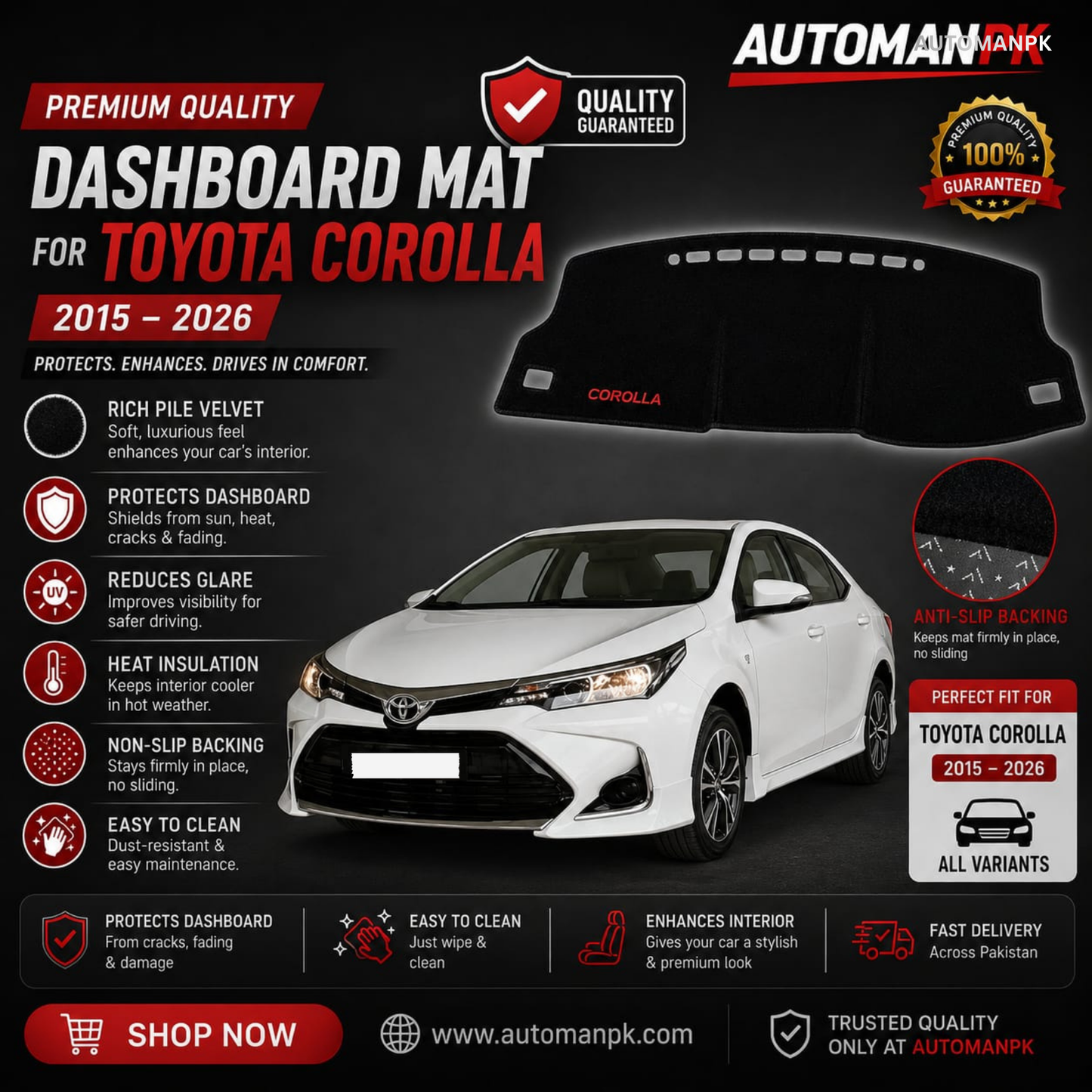Toyota Corolla 2015-2025 Velvet Dashboard Mat – Anti-Glare | Non-Slip | Custom Fit