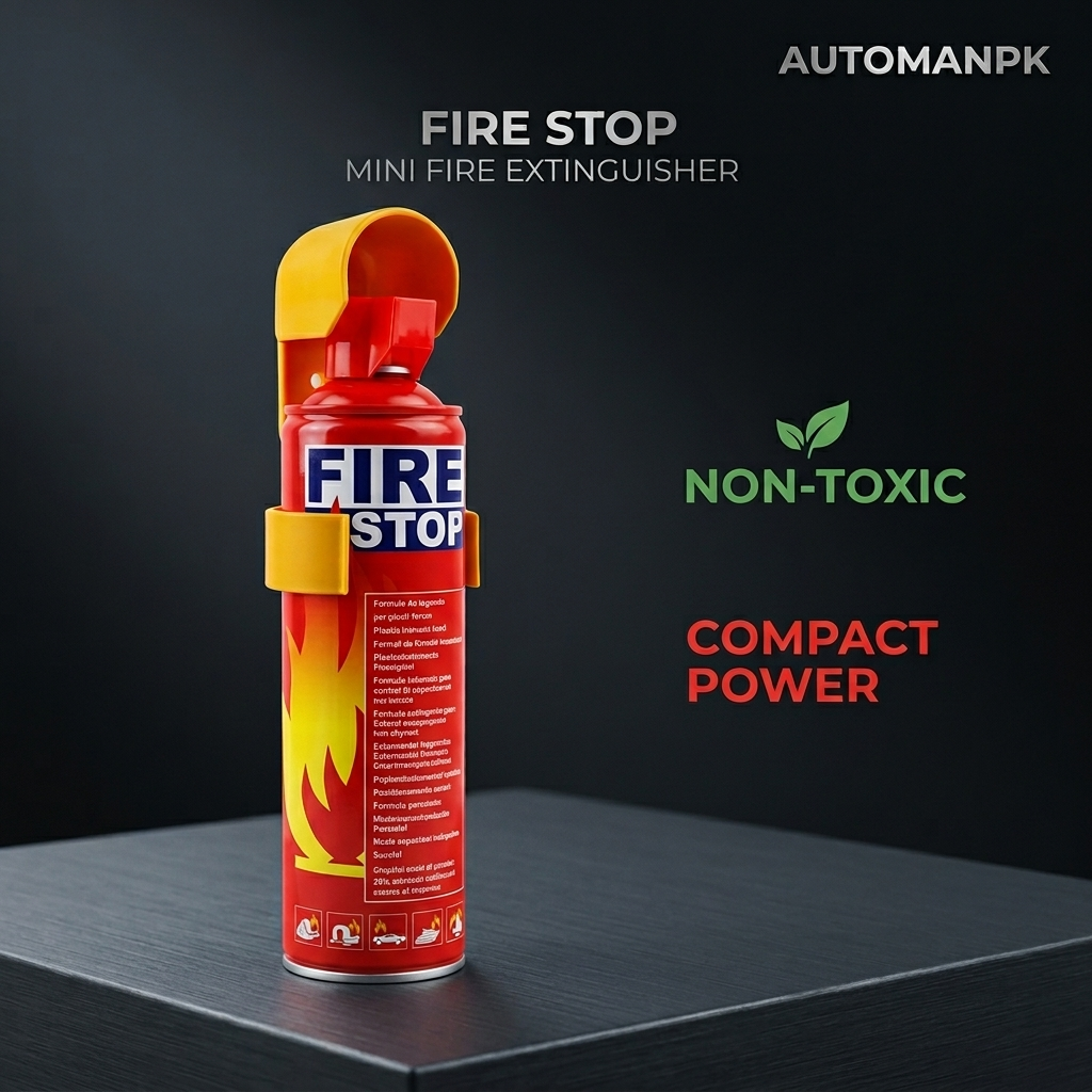 Fire extinguisher labeled 'Fire Stop' on a dark background with branding and product features displayed.