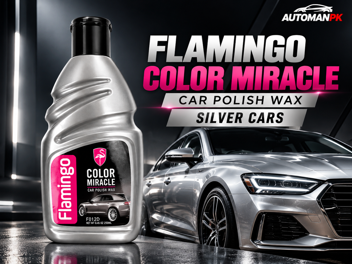 A bottle of Flamingo Color Miracle car polish wax stands next to a shiny silver car on a dark studio background with promotional text reading 'FLAMINGO COLOR MIRACLE CAR POLISH WAX SILVER CARS' and the AUTOMANPK logo.