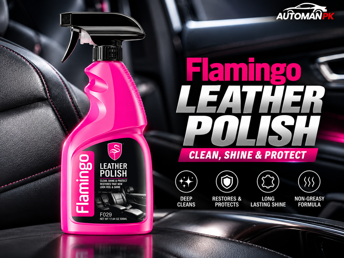 A bottle of Flamingo Leather Polish in bright pink with a black trigger spray top, displayed on a car seat with a blurred car interior background. The right side features promotional text reading 'Flamingo LEATHER POLISH' and feature icons.