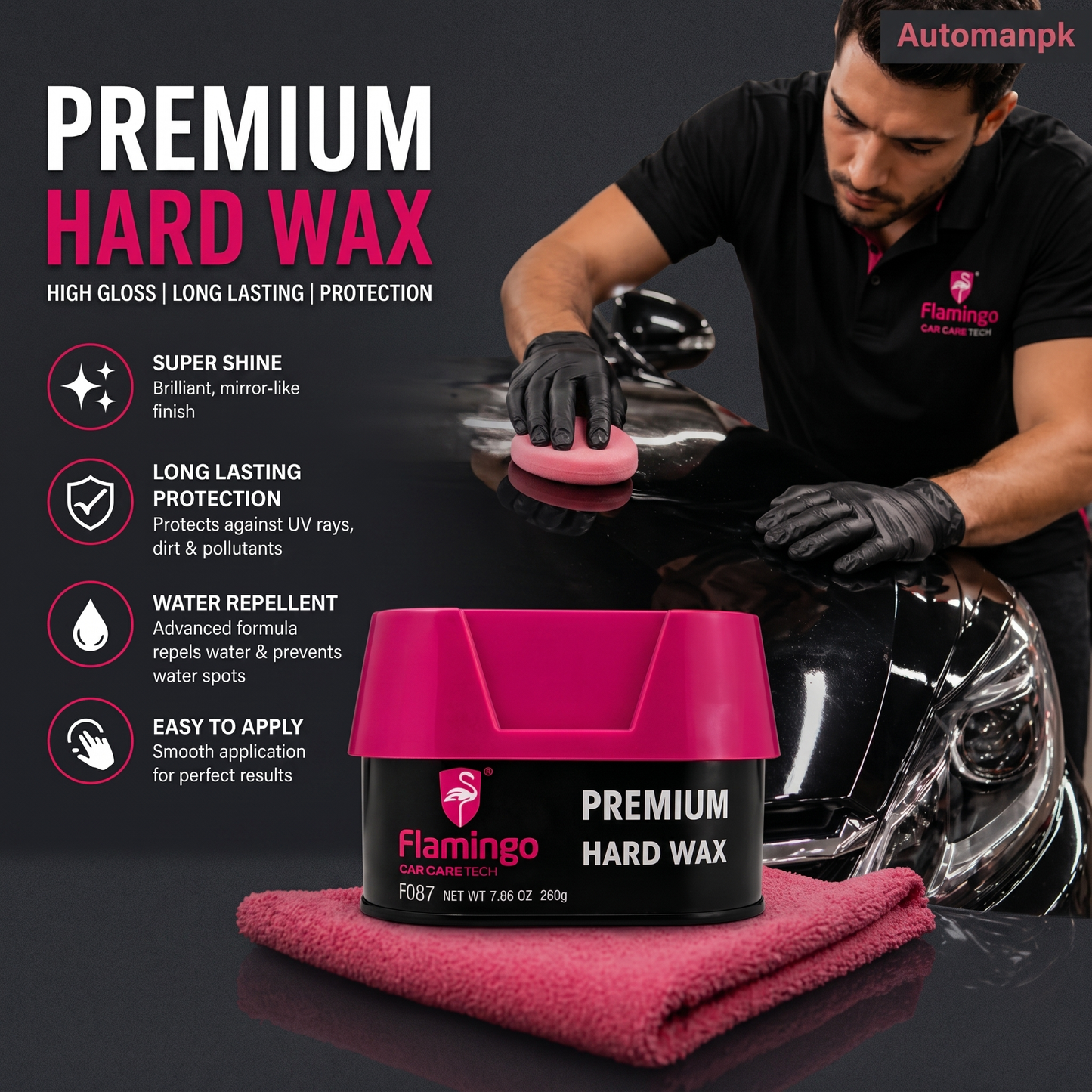 Flamingo Premium Hard Wax with car waxing demonstration and product features on a dark background