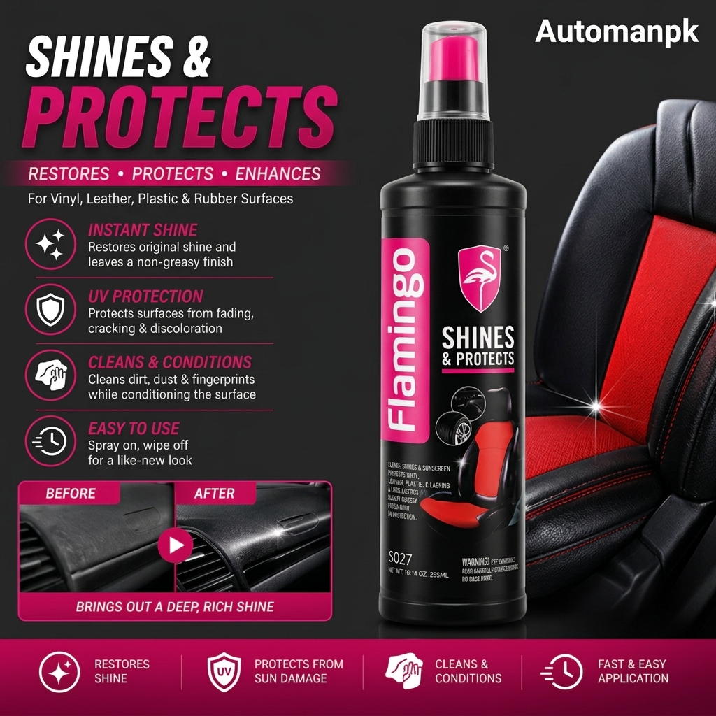 Flamingo Shine and Protect spray bottle with car interior background