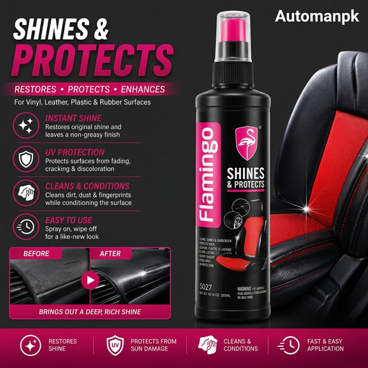 Flamingo Shine and Protect spray bottle with car interior background