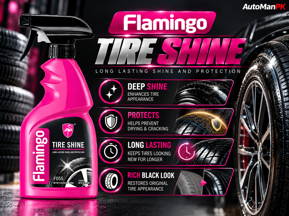 A bottle of Flamingo Tire Shine in bright pink with a black spray top, shown next to a glossy black tire on a dark studio background with marketing text about tire shine and protection.