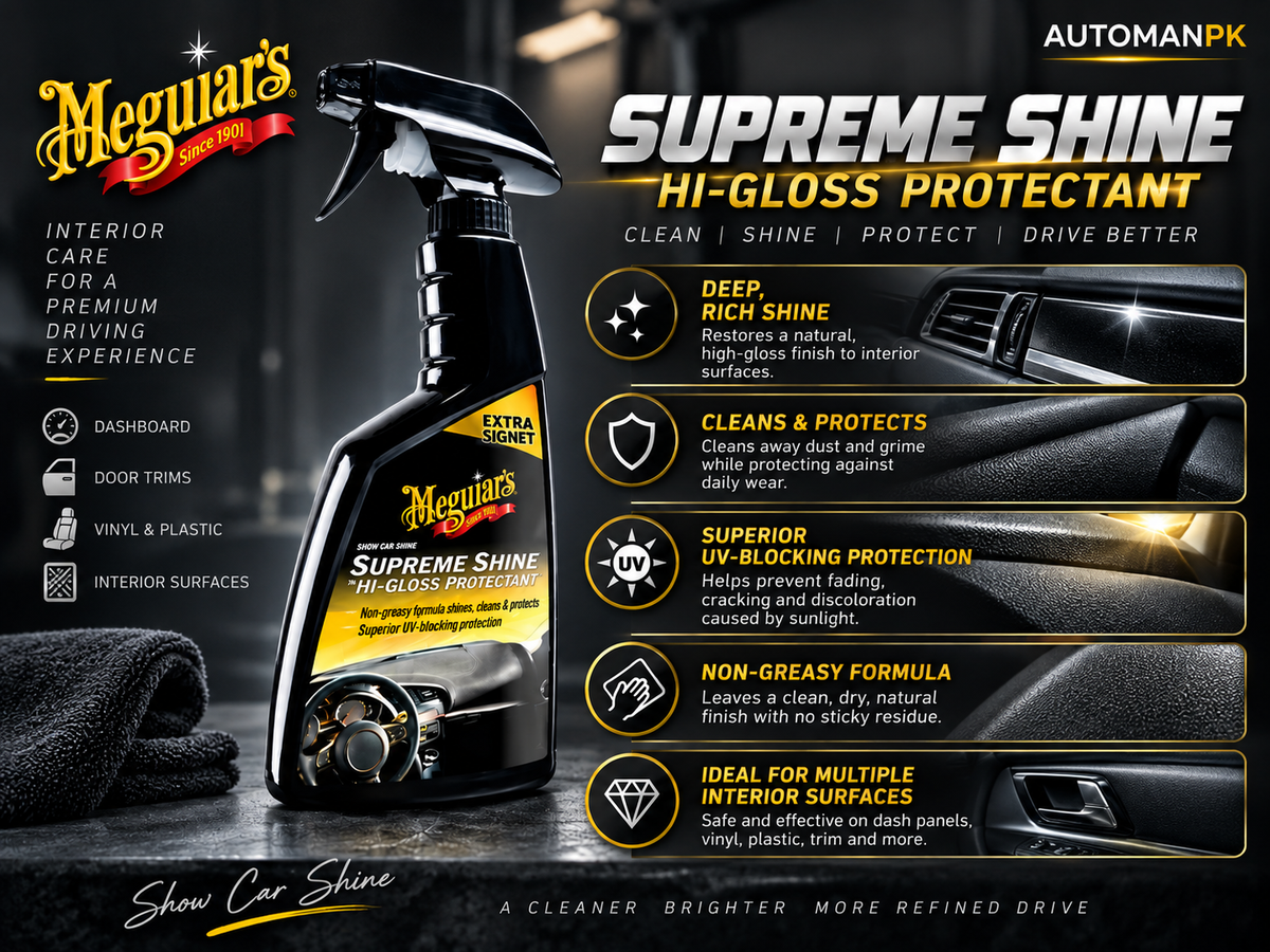 Meguar's Supreme Shine Hi-Gloss Protectant spray bottle on a black background with promotional text and feature callouts for interior car care.