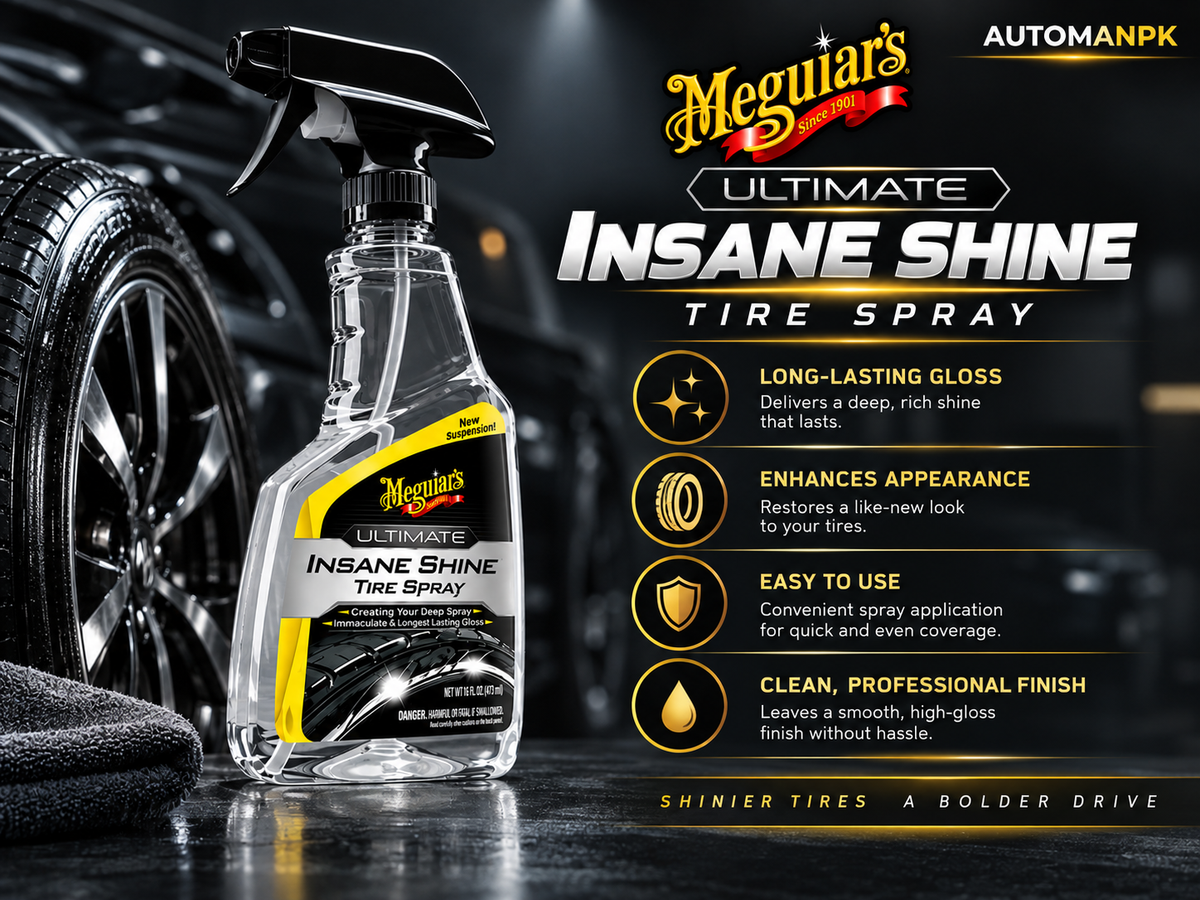 Meguiar's Ultimate Insane Shine Tire Spray bottle displayed next to a car tire on a dark studio background, with product features listed on the right side.