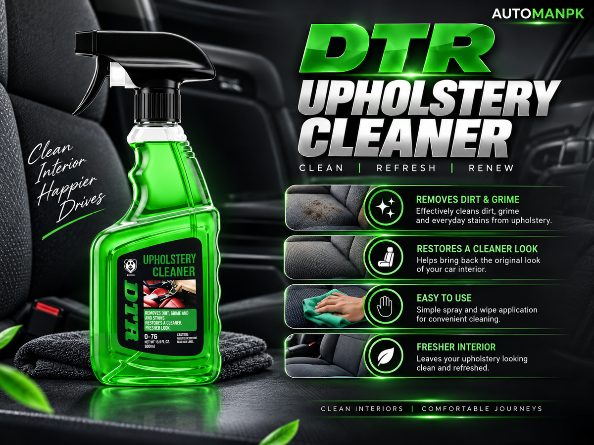 A bottle of DTR Upholstery Cleaner in bright green liquid with a black spray top, shown inside a car interior alongside a black cloth. The right side features promotional text and icons for cleaning upholstery, with the brand name DTR and a small AUTOMANPK mark at the top right.
